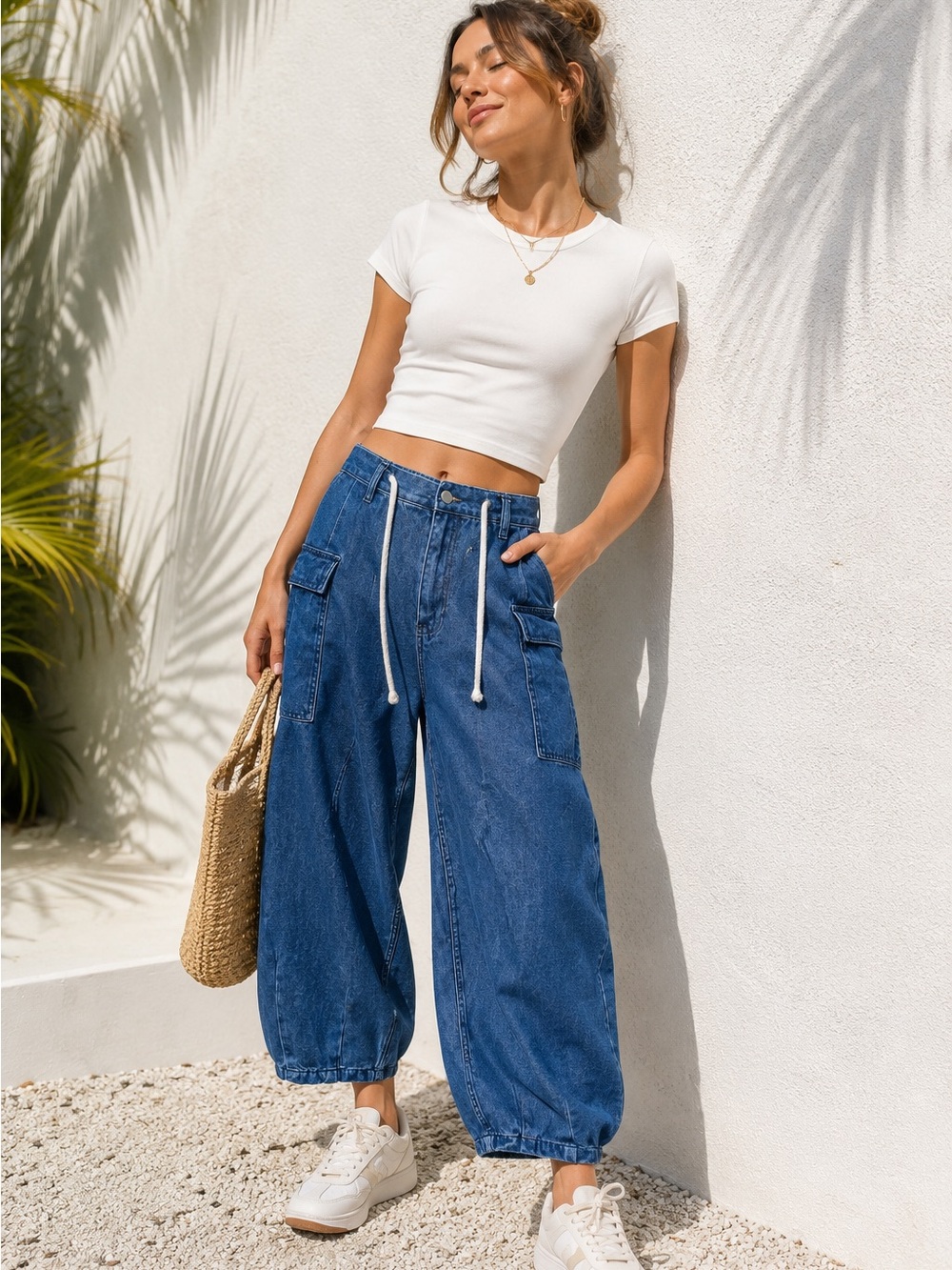 Vintage High-Waist Wide Leg Drawstring Jeans in Denim Blue